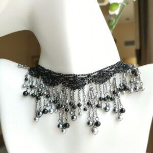 Handmade knit and bead fringe necklace in Grey Black tones